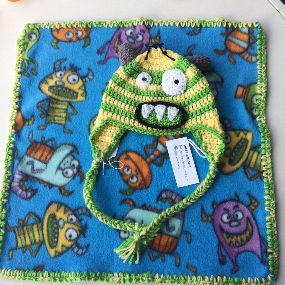 Handmade Crochet Monster hat & fleece lovey